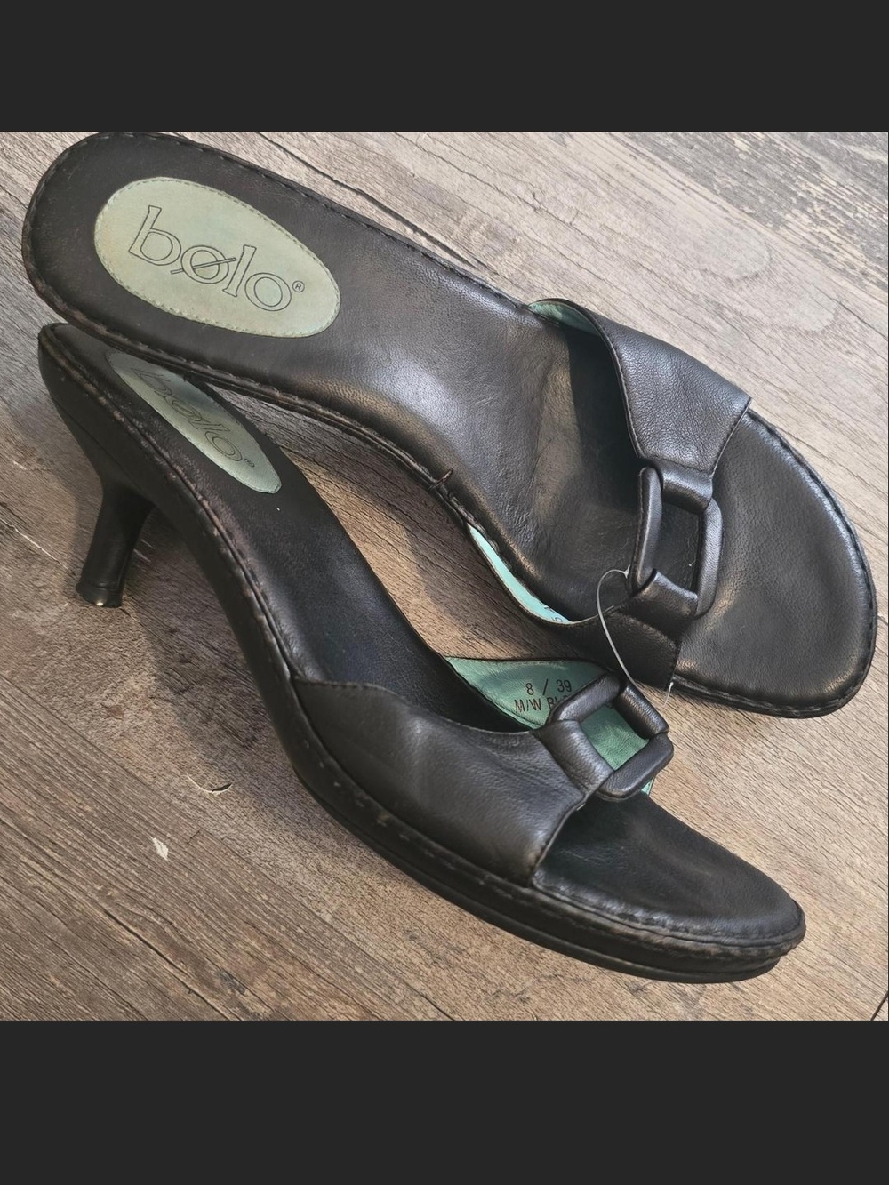 BOLO Black Leather Mid-Kitkeen Heel Slide Sandals